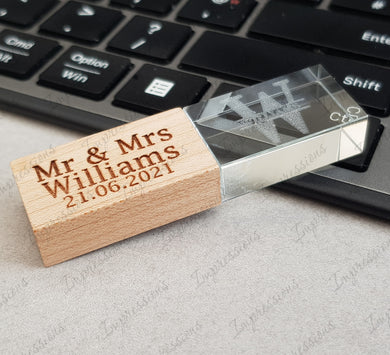 Crystal Block & Maple Wood Wedding Photography Engraved USB Portable Flash Drive