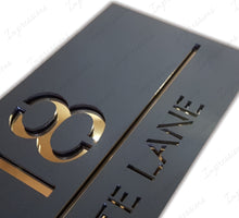 Load image into Gallery viewer, Matt Black Frost Modern Acrylic Rectangle House Sign Number &amp; Street Medium Size 280mm x 130mm