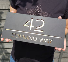 Load image into Gallery viewer, Matt Black Frost Modern Acrylic Rectangle House Sign Number &amp; Street Medium Size 280mm x 130mm
