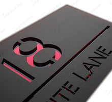 Load image into Gallery viewer, Matt Black Frost Modern Acrylic Rectangle House Sign Number &amp; Street Medium Size 280mm x 130mm