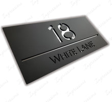 Load image into Gallery viewer, Matt Black Frost Modern Acrylic Rectangle House Sign Number &amp; Street Medium Size 280mm x 130mm