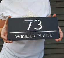 Load image into Gallery viewer, Matt Black Frost Modern Acrylic Rectangle House Sign Number &amp; Street Medium Size 280mm x 130mm
