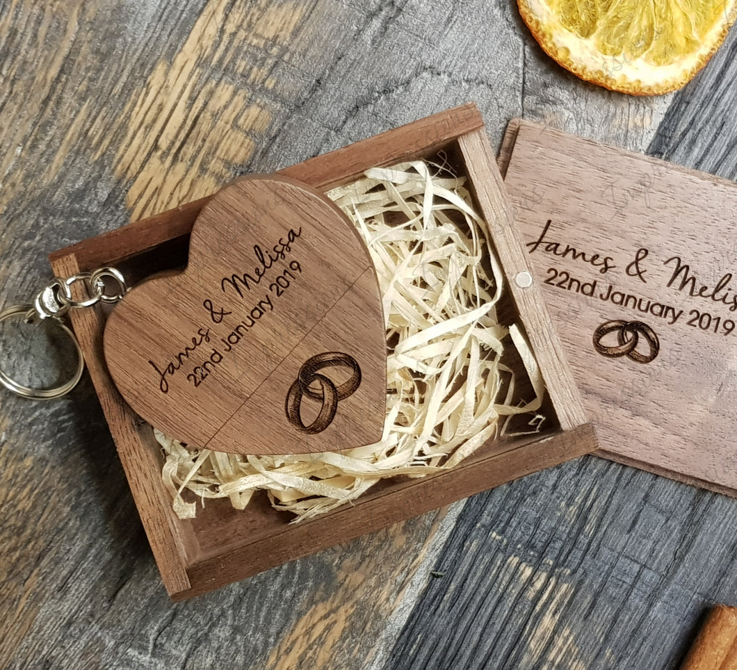 Walnut Wooden Love Heart USB + Box Logo Engraved