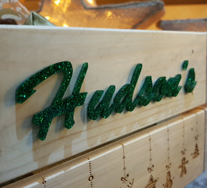 Personalised Wooden Christmas Eve Box Laser Engraved with Acrylic Green/Red Glitter Letters