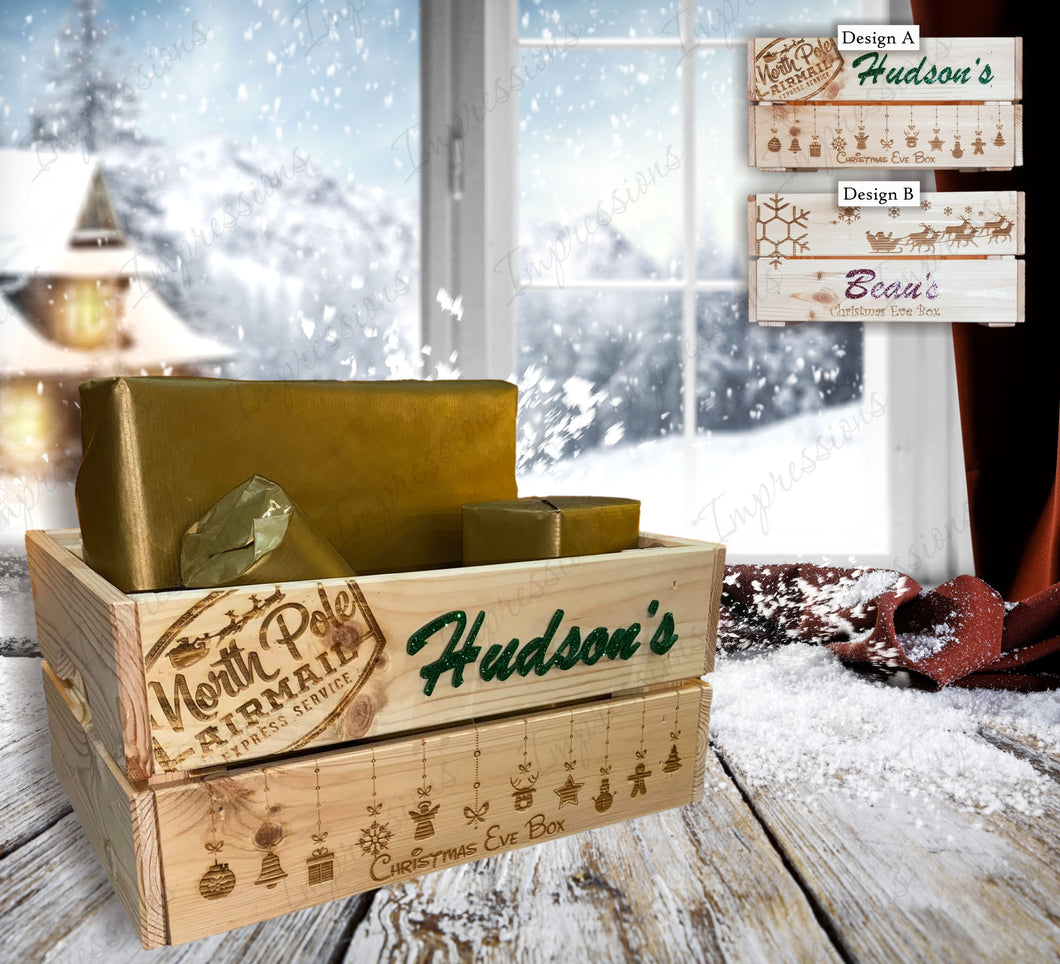Personalised Wooden Christmas Eve Box Laser Engraved with Acrylic Green/Red Glitter Letters