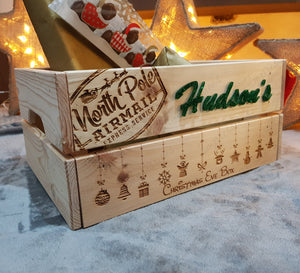 Personalised Wooden Christmas Eve Box Laser Engraved with Acrylic Green/Red Glitter Letters